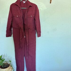 Women's Burgundy Jumpsuit with Waist Tie—100% Cotton
